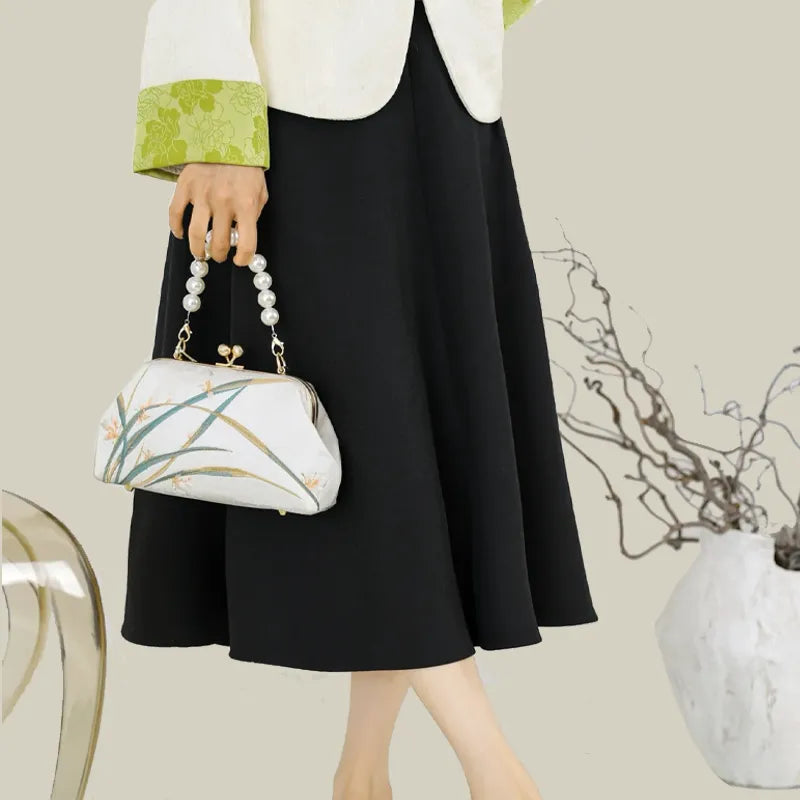 Orchid Bloom Embroidered Kiss-Lock Handbag with Pearl Handle - Image 3