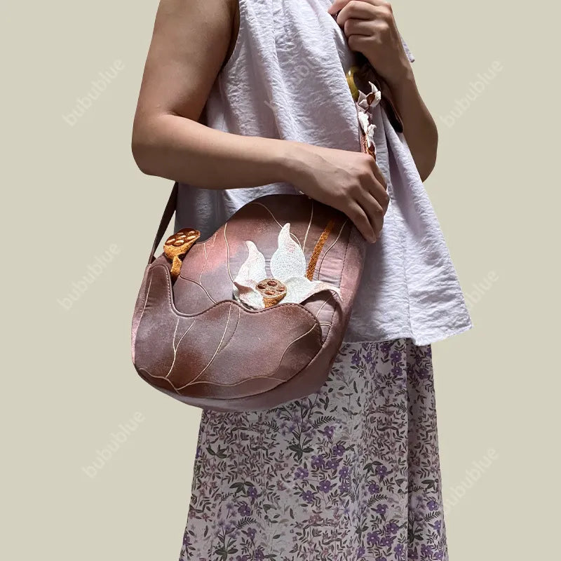3D Lotus Embroidered Tie-dye Brown Crossbody Bag - Image 3