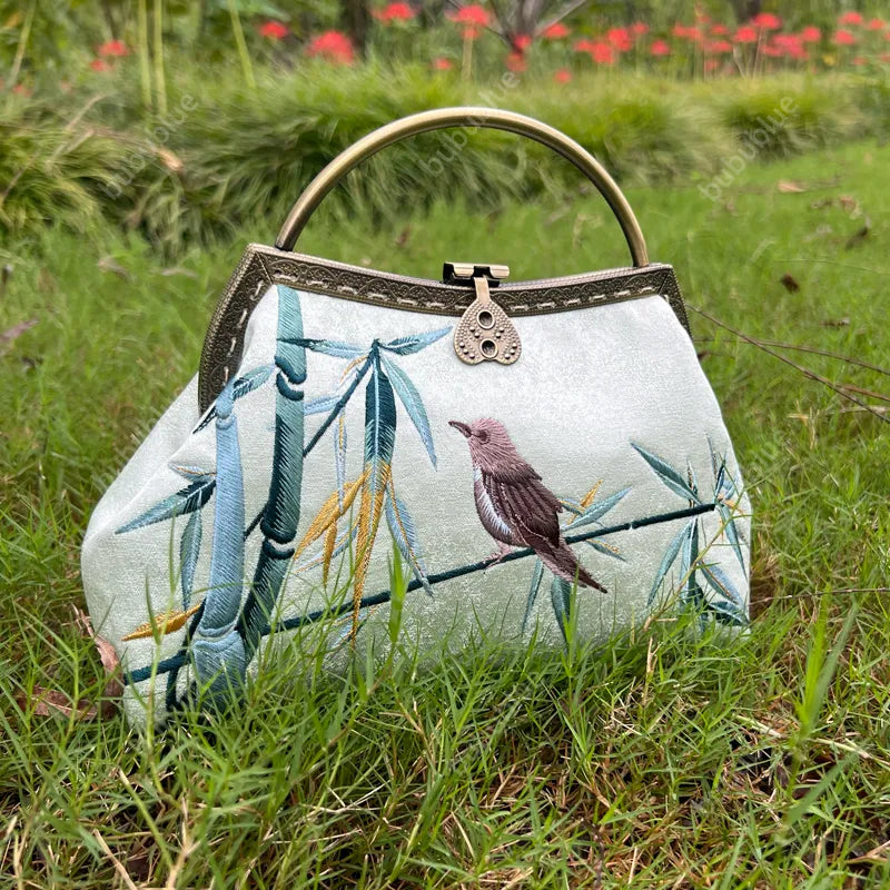 Magpie and Bamboo Leaf Embroidered Handbag with Metal Handle - Image 2