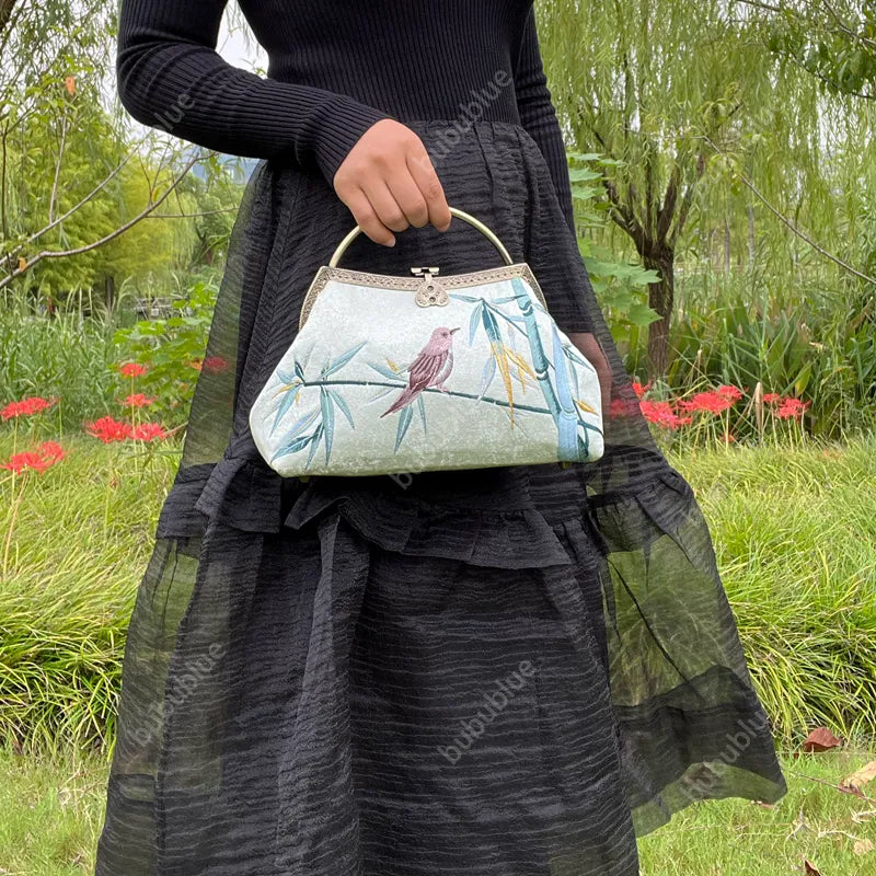 Magpie and Bamboo Leaf Embroidered Handbag with Metal Handle - Image 6