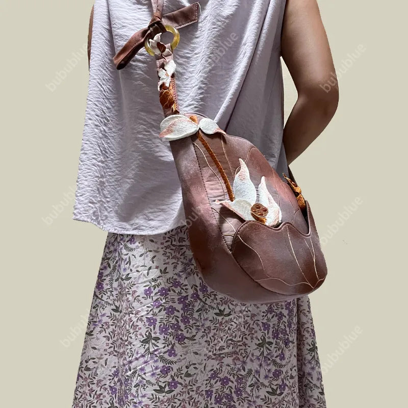3D Lotus Embroidered Tie-dye Brown Crossbody Bag - Image 4