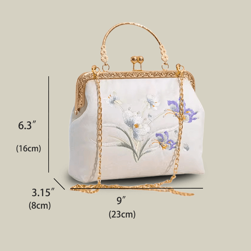 Butterfly Embroidered White Kiss-Lock Handbag - Image 10
