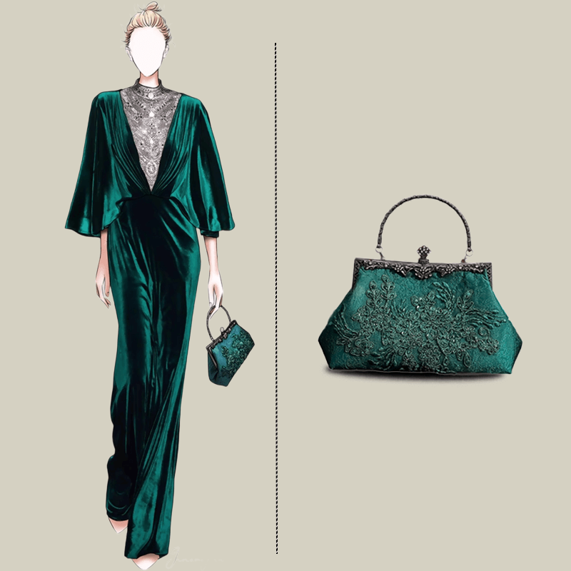 Emerald Embroidery Luxury Elengant Handbags With Vintage Metal Handle - Image 2