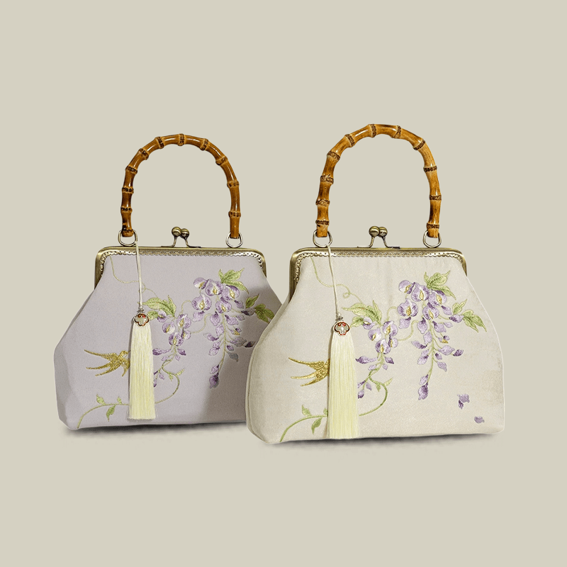 Swallow Embroidered Bamboo Handle Bag with Kiss-Lock - Image 2