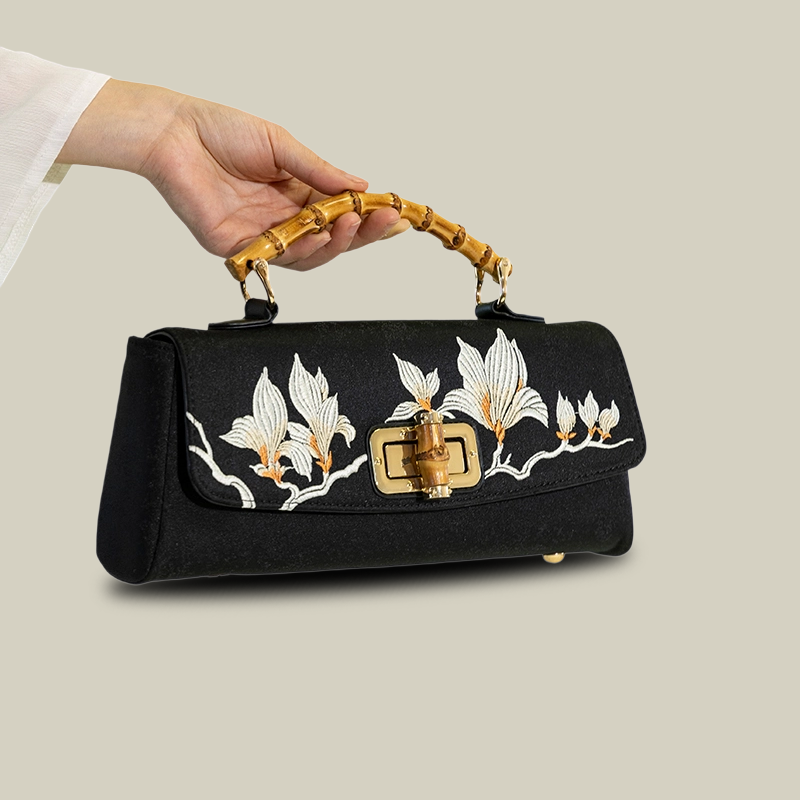 Magnolia Embroidered Boston Bag with Bamboo Handle - Image 8