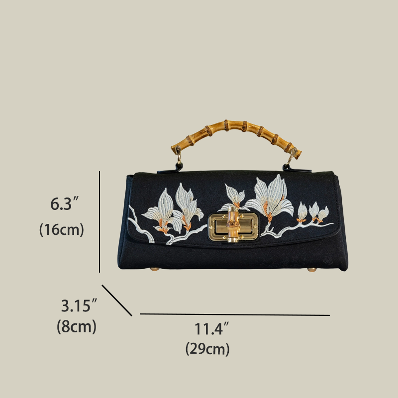 Magnolia Embroidered Boston Bag with Bamboo Handle - Image 15
