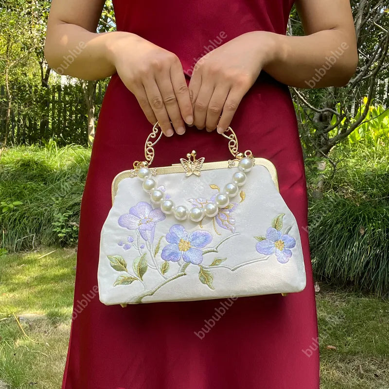 Butterfly Embroidered White Handbag with Metal Kiss-Lock - Image 3