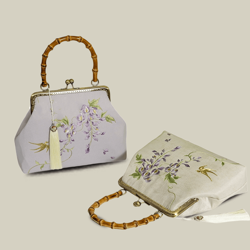 Swallow Embroidered Bamboo Handle Bag with Kiss-Lock - Image 8