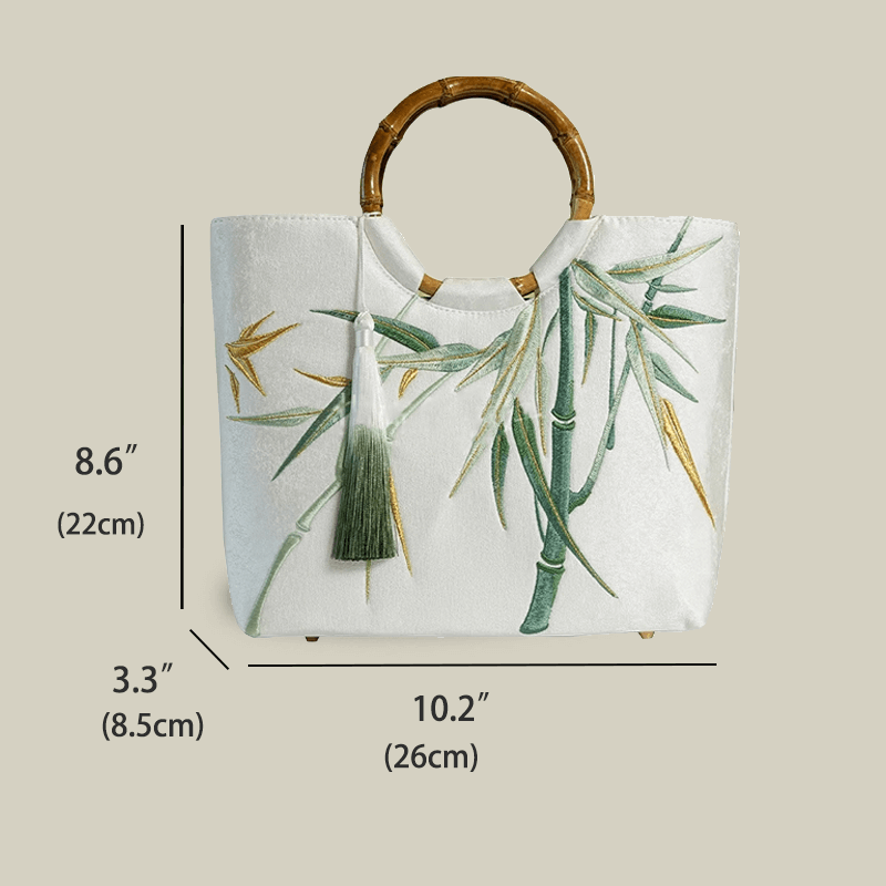 Bamboo Leaf Embroidered White Tote Bag with Bamboo Handle - Image 9