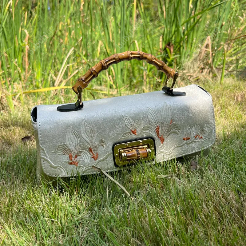 Magnolia Embroidered Boston Bag with Bamboo Handle - Image 2