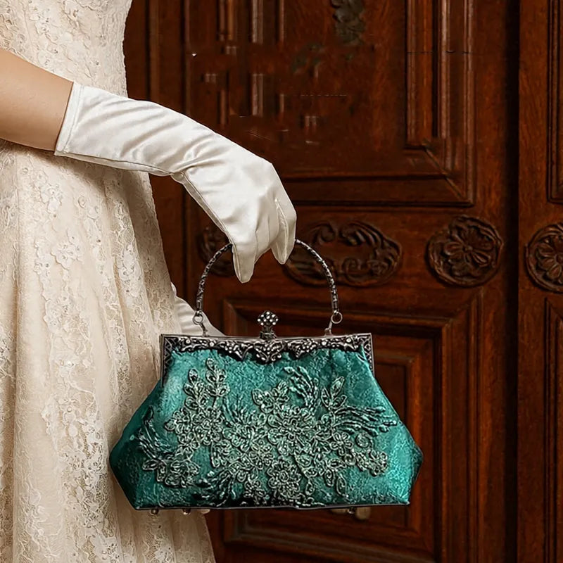 Emerald Embroidery Luxury Elengant Handbags With Vintage Metal Handle - Image 6