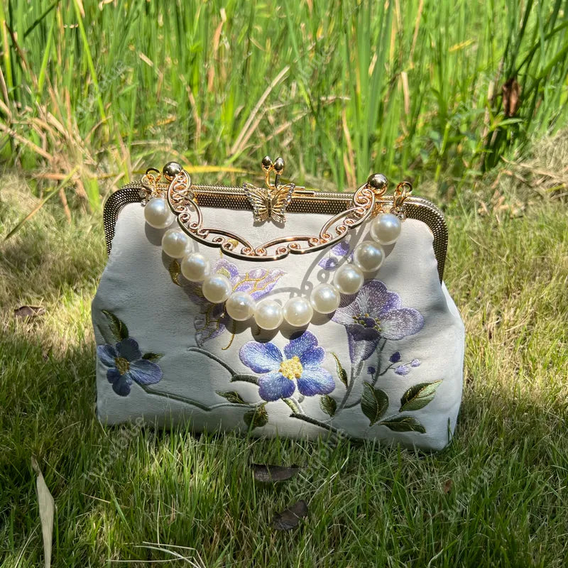 Butterfly Embroidered White Handbag with Metal Kiss-Lock - Image 2