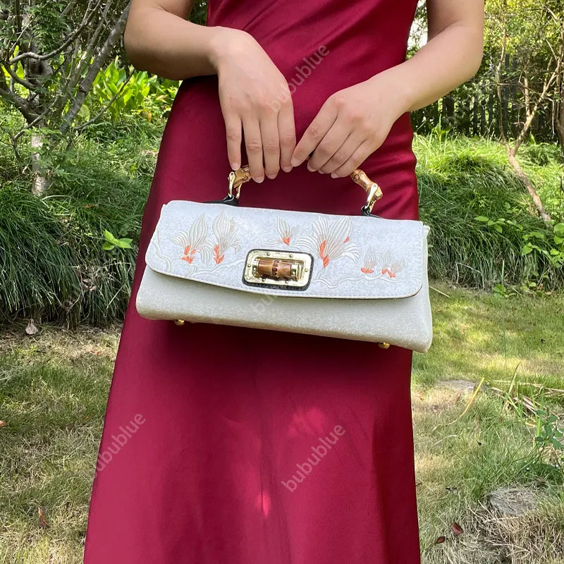 Magnolia Embroidered Boston Bag with Bamboo Handle - Image 3