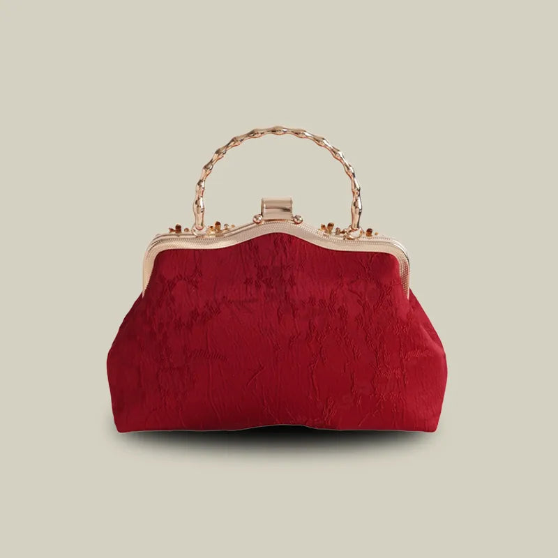 Red Peony Bloom Embroidered Handbag Bag with Pearl Handle - Image 10