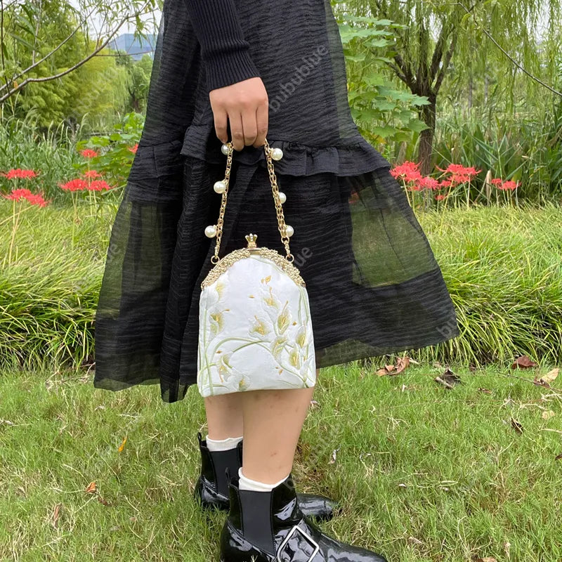 Calla Lily Embroidered Pearl Chain Handbag - Image 6