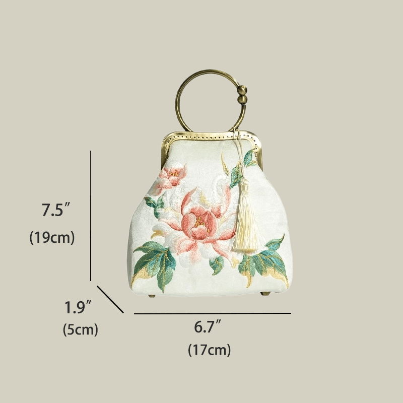 Peony Embroidered White Handbag with Metal Kiss-Lock - 이미지 5