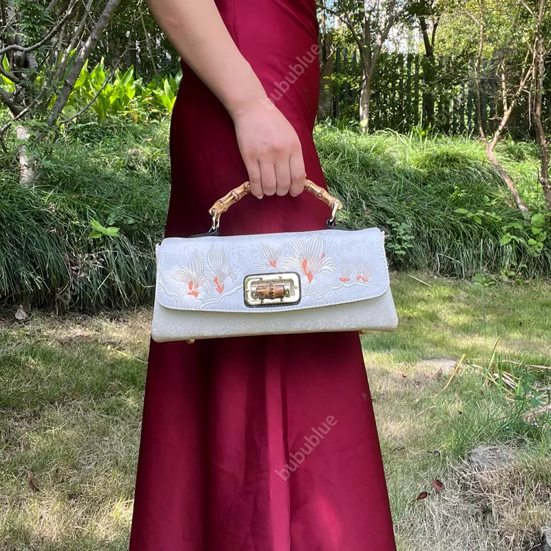 Magnolia Embroidered Boston Bag with Bamboo Handle - Image 4