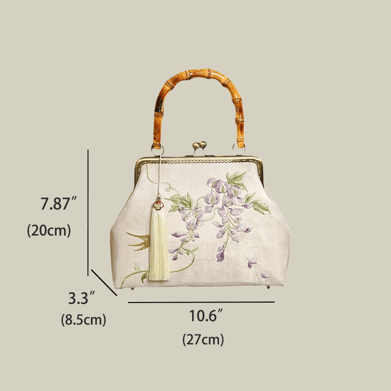Swallow Embroidered Bamboo Handle Bag with Kiss-Lock - Image 11