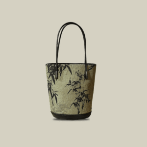 Ink Bamboo Leaf Printed Green Bucket Bag with Leather Strap