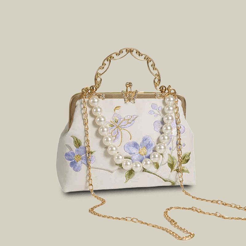 Butterfly Embroidered White Handbag with Metal Kiss-Lock - Image 6