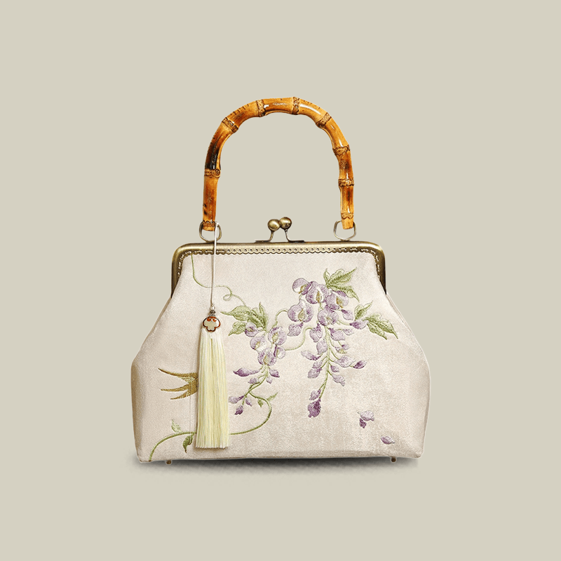 Swallow Embroidered Bamboo Handle Bag with Kiss-Lock - Image 7