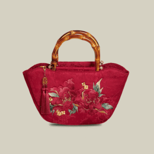 Red Peony Bloom Embroidered Tote Bag with Bamboo Handle