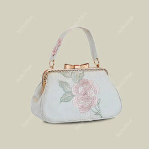 Vintage Begonia Embroidered Square Satin Handbag with Bow Lock