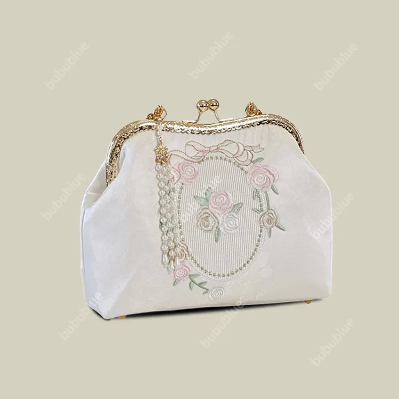 Vintage Rose Embroidered Handbag with Pearl Tassel & Gold Handle - Image 14