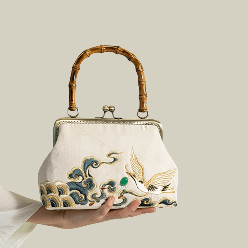 Embroidered Crane Handbag with Metal Kiss Lock - Image 5