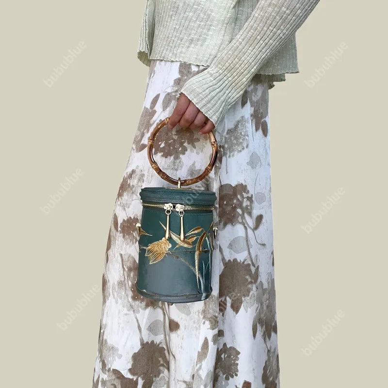 Cicada Song Embroidered Green Mini Bucket Bag - Image 15