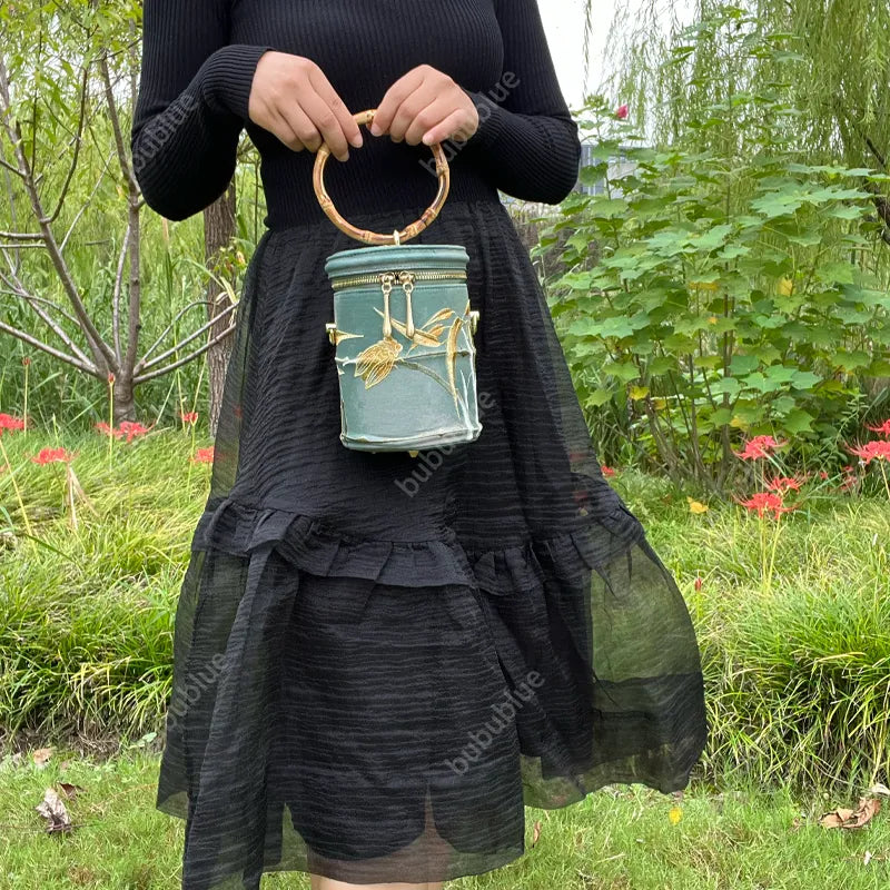 Cicada Song Embroidered Green Mini Bucket Bag - Image 10