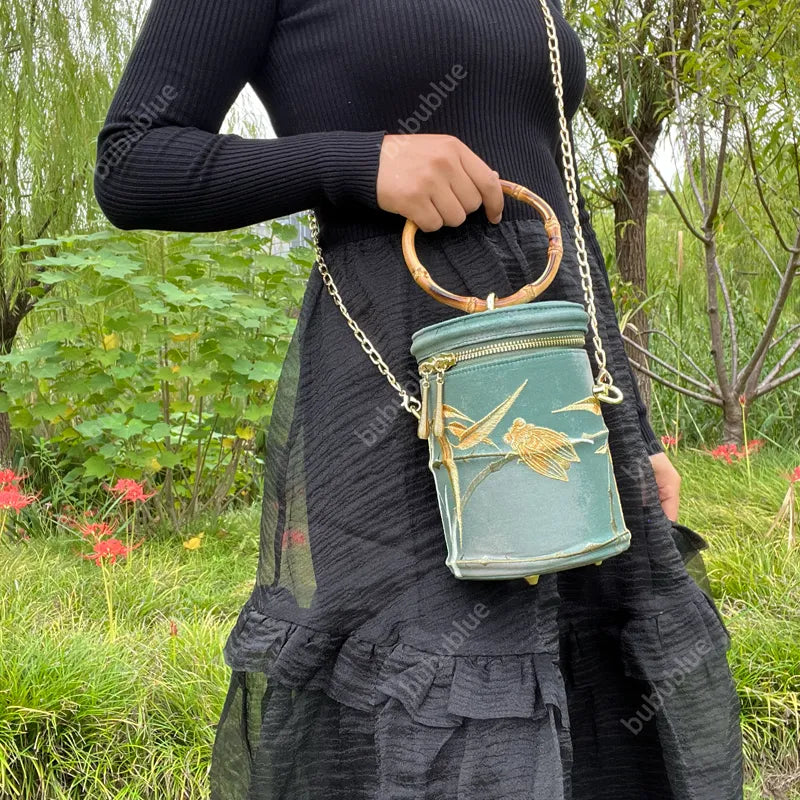 Cicada Song Embroidered Green Mini Bucket Bag - Image 11