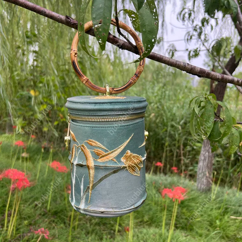 Cicada Song Embroidered Green Mini Bucket Bag - Image 2