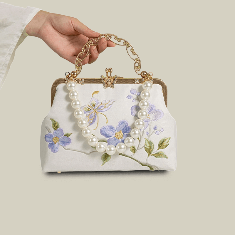 Butterfly Embroidered White Handbag with Metal Kiss-Lock - Image 9