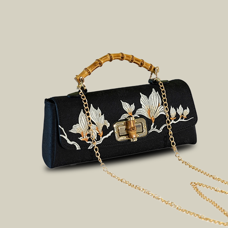 Magnolia Embroidered Boston Bag with Bamboo Handle - Image 7