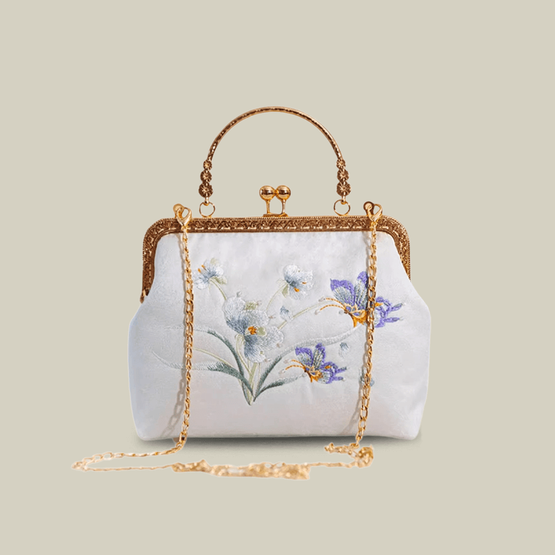 Butterfly Embroidered White Kiss-Lock Handbag - Image 2