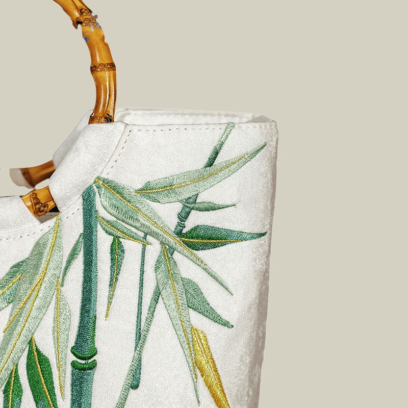 Bamboo Leaf Embroidered White Tote Bag with Bamboo Handle - Image 3