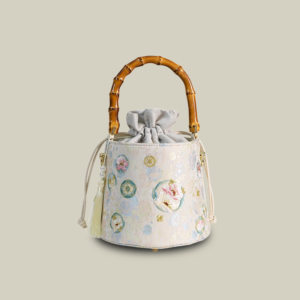 Floral Embroidered Satin Bucket Bag with Bamboo Handle