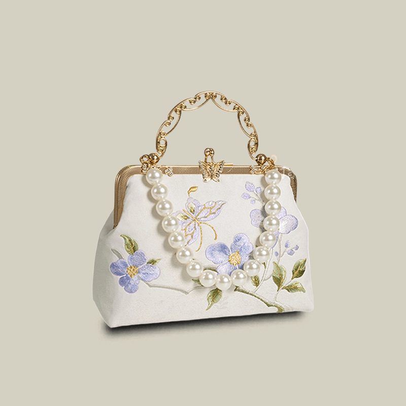Butterfly Embroidered White Handbag with Metal Kiss-Lock - Image 11
