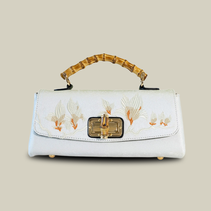Magnolia Embroidered Boston Bag with Bamboo Handle - Image 9
