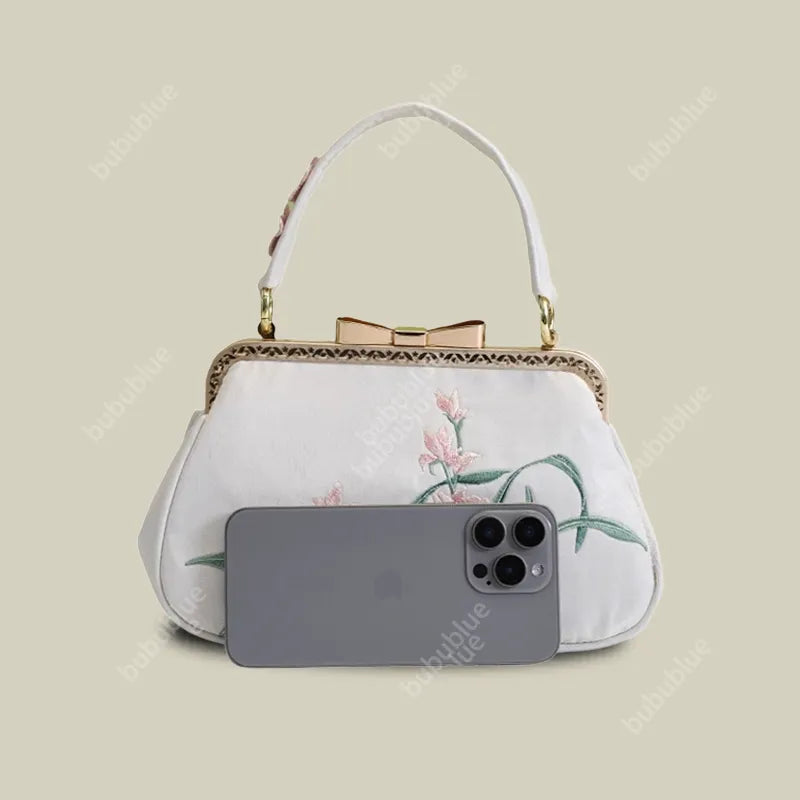 Vintage Orchid Embroidered Handbag with Metal Butterfly Lock - Image 7