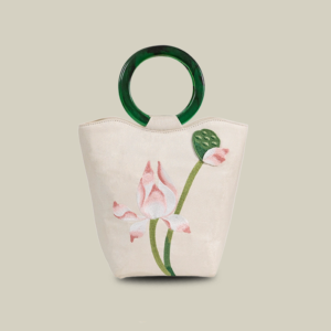 White Lotus Embroidered Tote Bag with Green Acrylic Handle