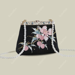 Vintage Lychee Embroidered Satin Handbag with Metal Beads