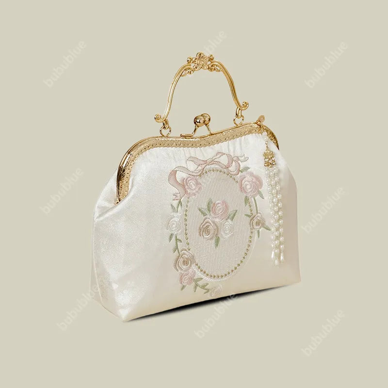 Vintage Rose Embroidered Handbag with Pearl Tassel & Gold Handle - Image 8