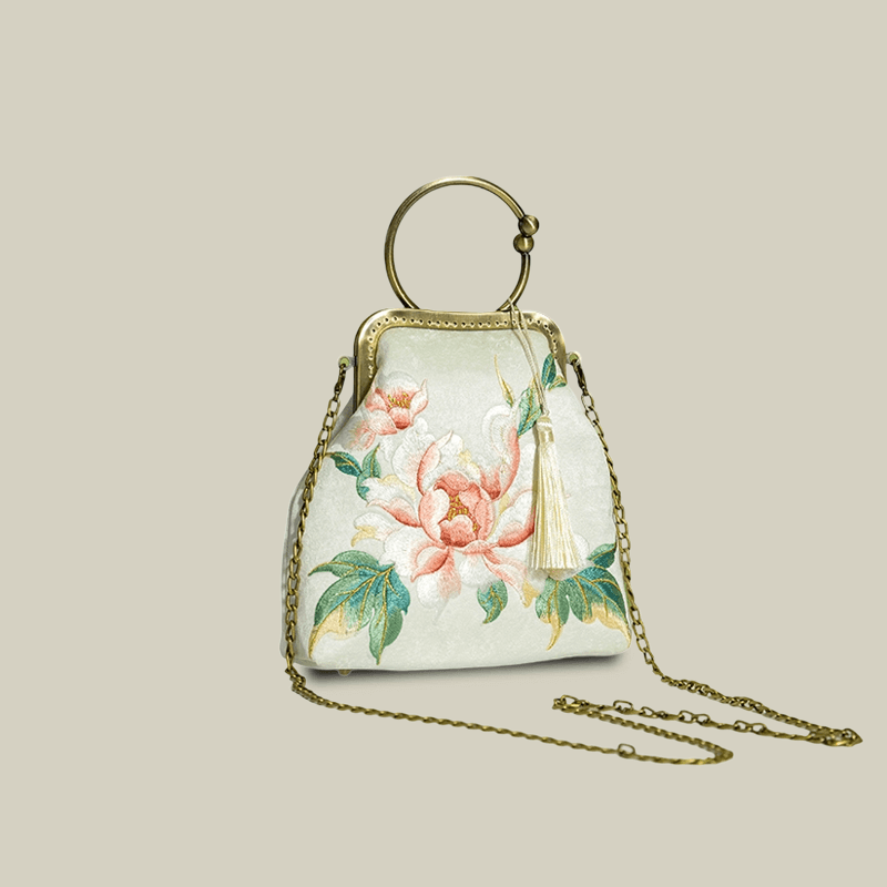 Peony Embroidered White Handbag with Metal Kiss-Lock - 이미지 6