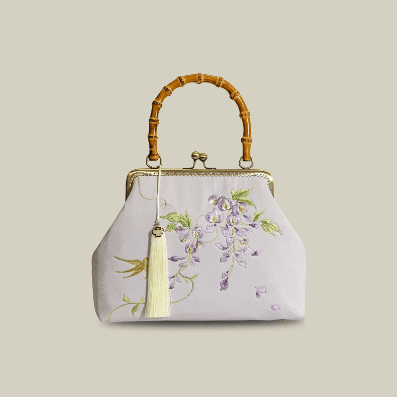 Swallow Embroidered Bamboo Handle Bag with Kiss-Lock - Image 12