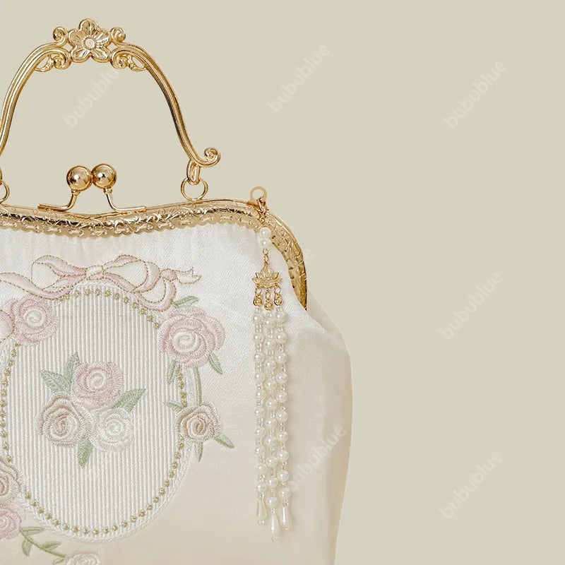 Vintage Rose Embroidered Handbag with Pearl Tassel & Gold Handle - Image 4