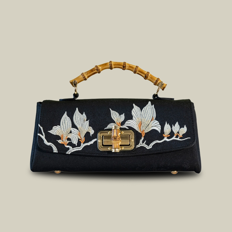 Magnolia Embroidered Boston Bag with Bamboo Handle