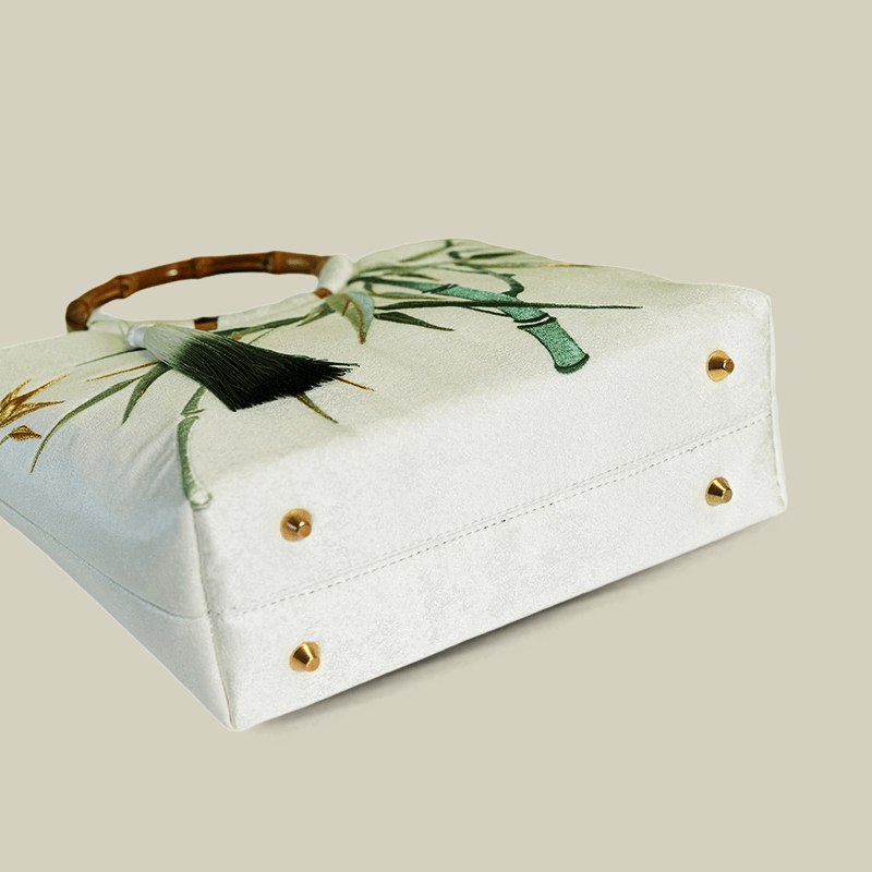 Bamboo Leaf Embroidered White Tote Bag with Bamboo Handle - Image 5