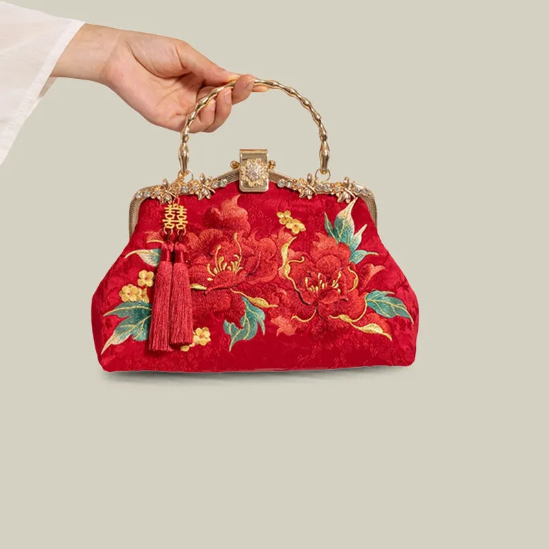 Red Peony Bloom Embroidered Handbag Bag with Pearl Handle - Image 13